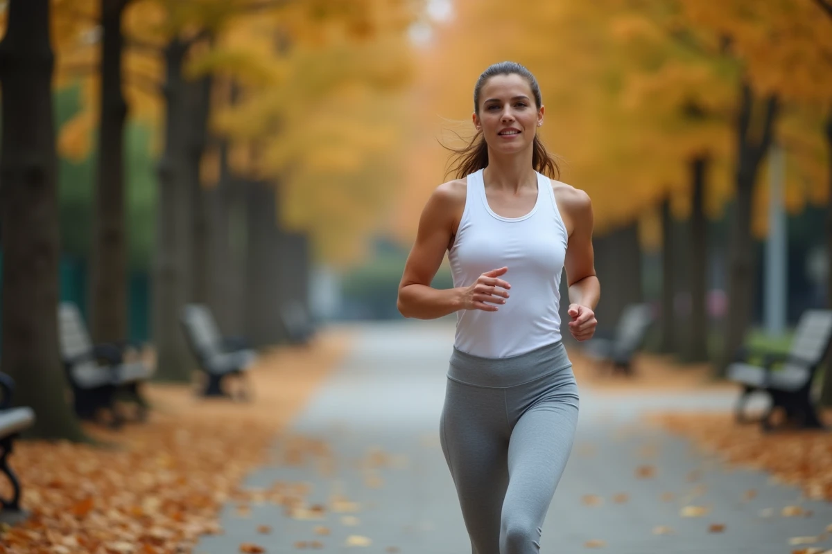 Femme active marchant rapidement dans un parc en automne pour perdre du poids et tonifier son corps