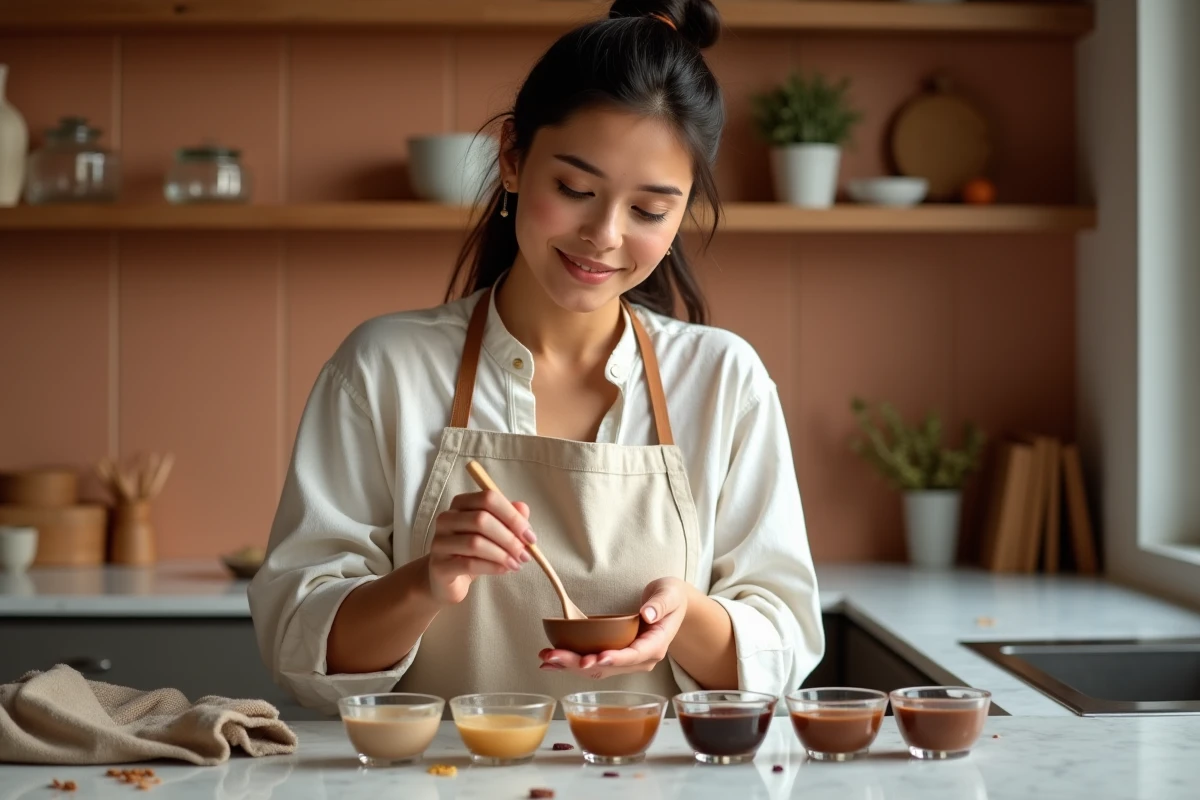 Femme en tablier mélangeant des nuances de marron dans des bols en céramique sur un comptoir de cuisine en marbre