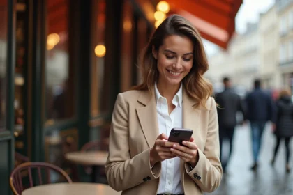 Femme parisienne consultant l'actualité people française sur son smartphone devant un café parisien