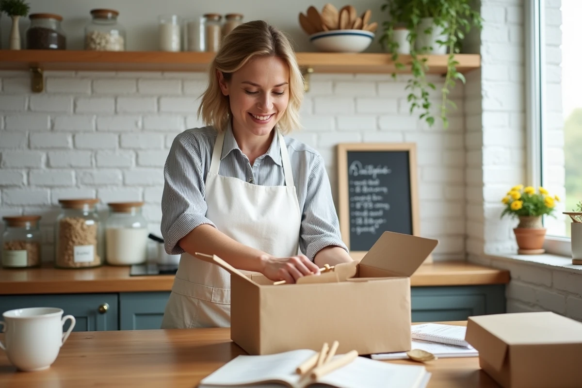 Femme emballant des produits artisanaux faits main dans sa cuisine pour vendre en ligne et générer un revenu supplémentaire de 500 euros