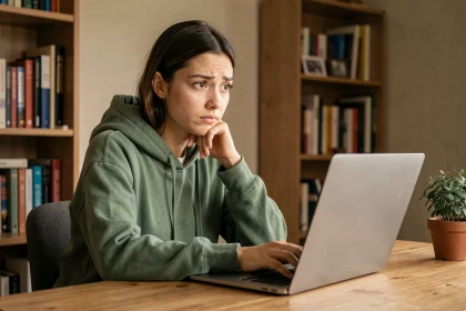 Jeune femme perplexe regardant un écran d'ordinateur portable à la recherche du doodle Google pour la journée de la Terre