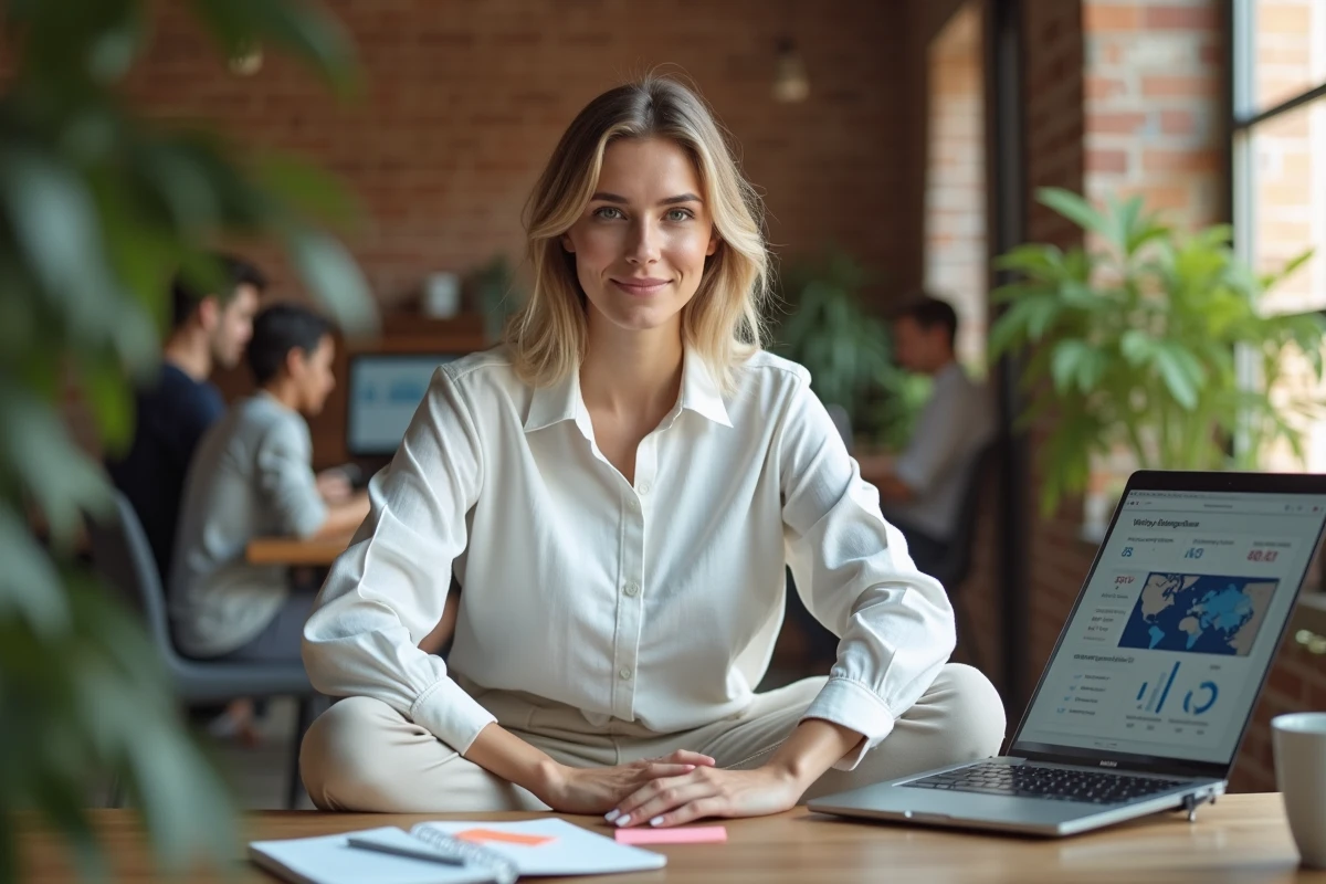 Jeune femme professionnelle consultant des classements mondiaux de qualité de vie sur un ordinateur portable dans un espace de coworking moderne