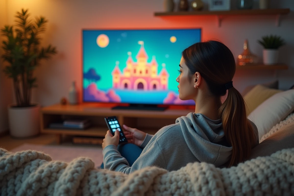 Jeune femme regardant Disney sur sa télévision dans son salon cosy