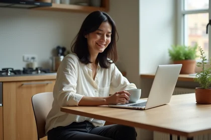 Femme détendue profitant d'un jour de repos supplémentaire grâce à la semaine de quatre jours, assise dans une cuisine moderne avec un café et un ordinateur fermé