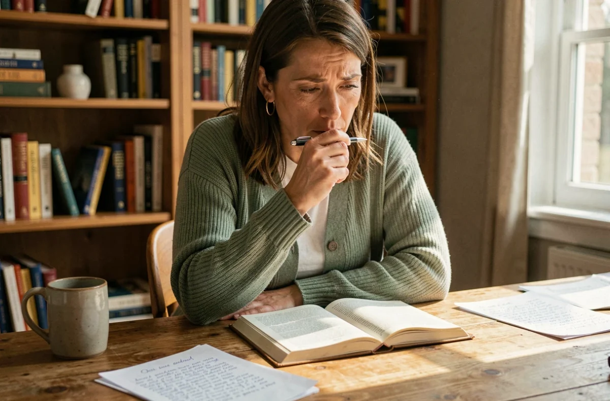 Femme concentrée révisant les temps du passé et du présent en français à son bureau avec un manuel de grammaire ouvert