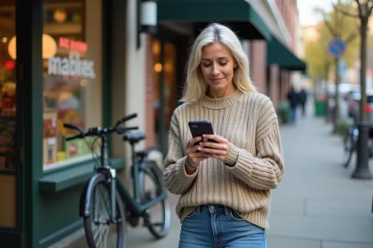 Femme consultant un site de recherche de commerces ouverts sur son smartphone devant une épicerie de quartier