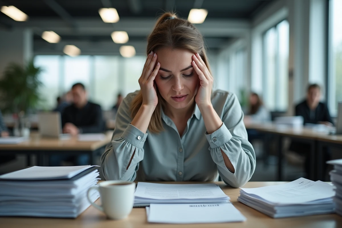 Femme stressée au bureau tenant sa tête entre ses mains, illustrant la mauvaise humeur causée par la surcharge de travail