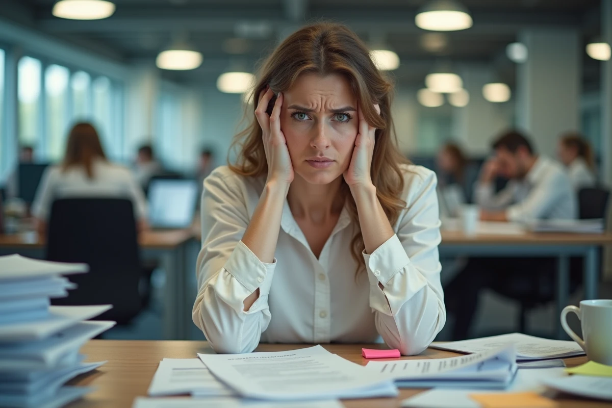 Femme stressée au bureau encombré illustrant les conséquences d'une mauvaise gestion du temps au travail