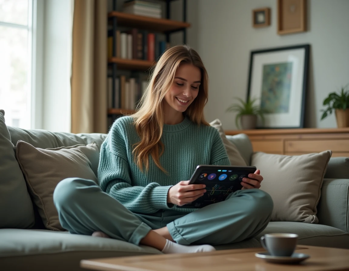 Jeune femme utilisant une tablette pour consulter un outil de suivi de portails dans un jeu de rôle en ligne, assise dans un salon moderne