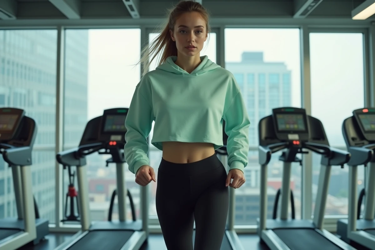 Jeune femme marchant sur un tapis roulant en salle de sport pour tonifier les muscles et mincir