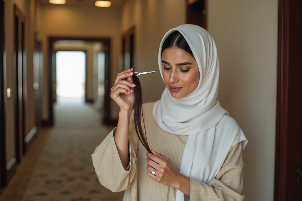 Femme pèlerine en abaya réalisant le taqsir en coupant une mèche de cheveux après la Omra dans un couloir d'hôtel à La Mecque