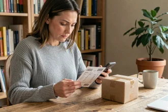Femme examinant un bon de livraison Mondial Relay et comparant les tarifs sur son smartphone à domicile