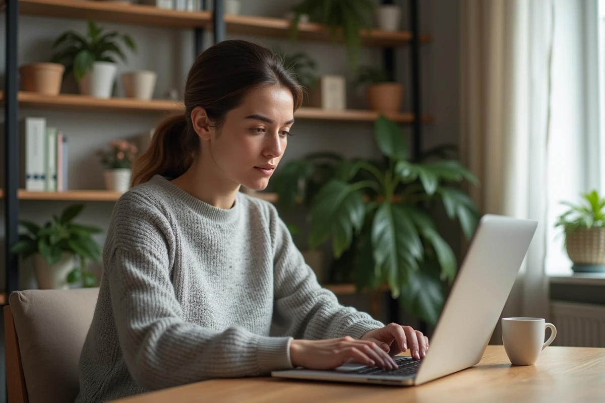 Femme travaillant à domicile sur un ordinateur portable dans un bureau à domicile chaleureux et bien organisé
