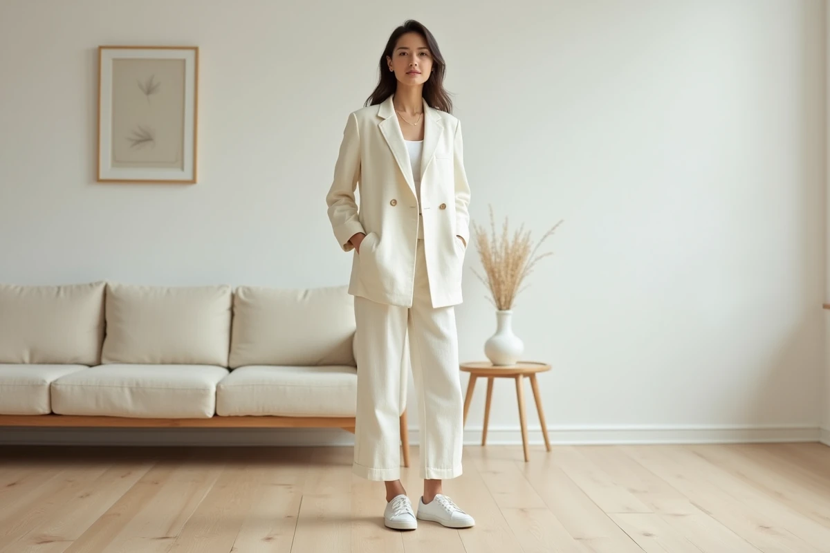 Femme en tenue minimaliste crème et blanc dans un appartement scandinave épuré, incarnant les principes du dressing minimaliste