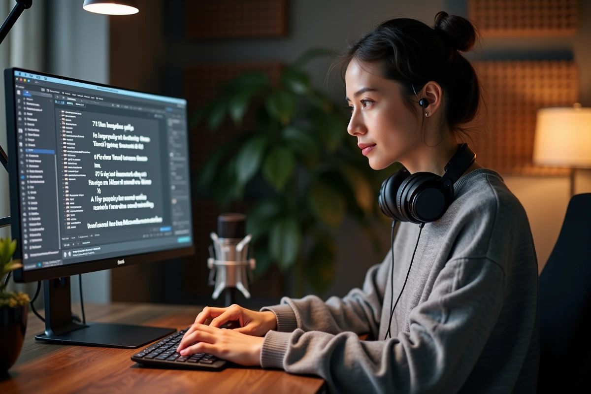 Femme utilisant un logiciel d'IA pour traduire des paroles de chansons sur ordinateur portable