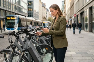 Femme déverrouillant un vélo électrique en libre-service dans une rue urbaine moderne avec des bâtiments contemporains en arrière-plan