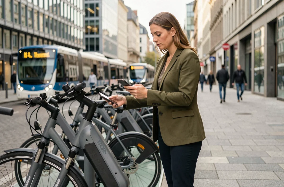 Femme déverrouillant un vélo électrique en libre-service dans une rue urbaine moderne avec des bâtiments contemporains en arrière-plan
