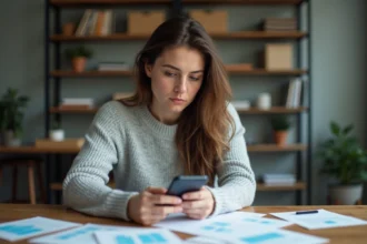 Femme examinant des captures d'écran et des avis d'utilisateurs sur son smartphone à son bureau