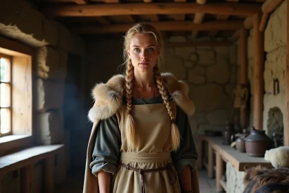 Femme viking en costume historique authentique dans une maison longue scandinave reconstituée, représentant Lagertha épouse de Ragnar Lothbrok