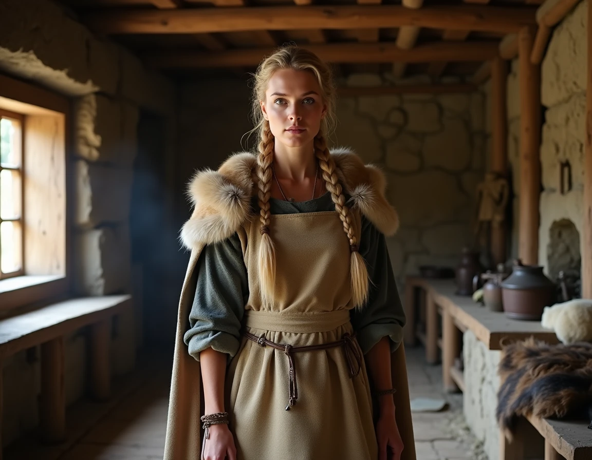 Femme viking en costume historique authentique dans une maison longue scandinave reconstituée, représentant Lagertha épouse de Ragnar Lothbrok