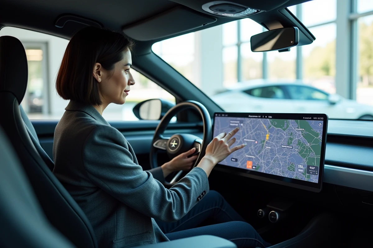 Femme interagissant avec le tableau de bord numérique d'une voiture autonome dans un showroom automobile futuriste