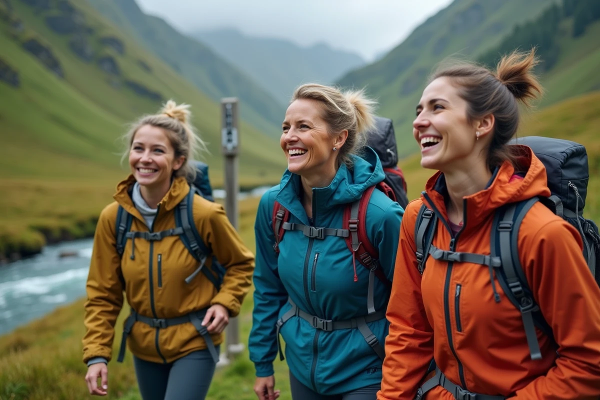 Groupe de femmes de diverses origines randonnant en toute sécurité sur un sentier alpin, illustrant la liberté de voyager dans les pays les plus sûrs pour les femmes