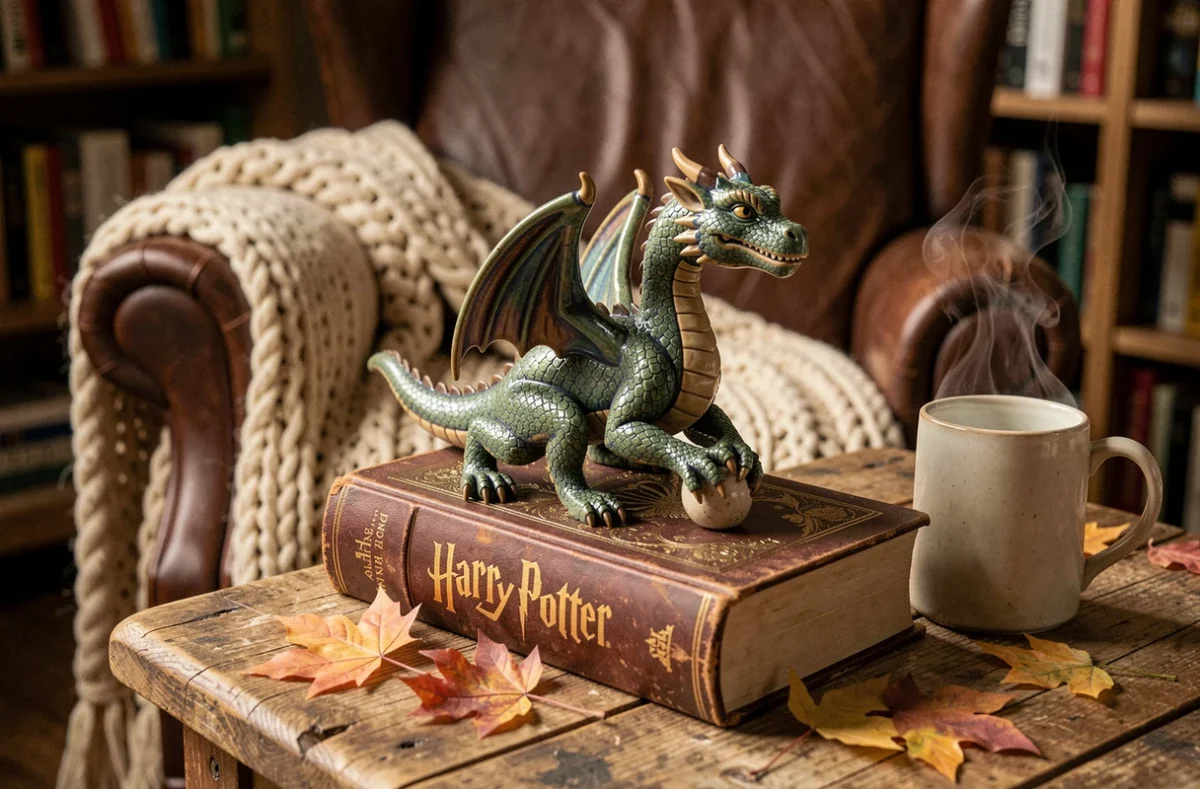 Figurine de dragon en céramique posée sur un livre Harry Potter avec une tasse fumante dans un coin lecture douillet