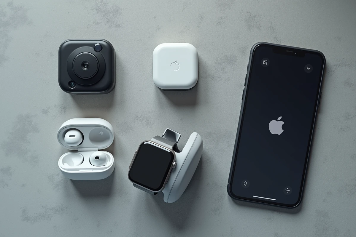 Vue aérienne d'objets connectés du quotidien incluant montre intelligente, écouteurs et caméra de sécurité, illustrant la collecte de données personnelles