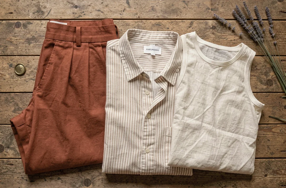 Flat-lay de vêtements en lin d'été aux tons naturels sur table en bois brut