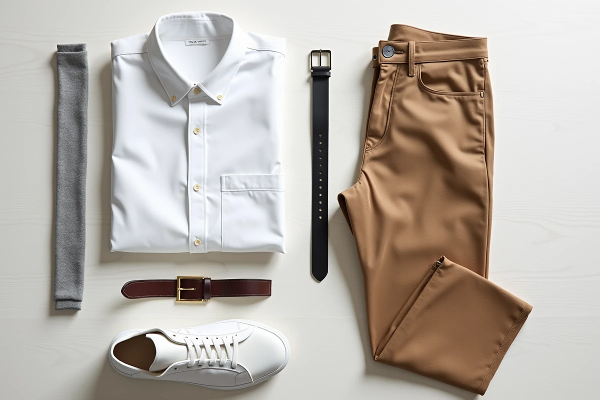 Flatlay minimaliste d'une garde-robe capsule avec chemise blanche, pantalon camel, pull gris et accessoires essentiels sur fond bois clair