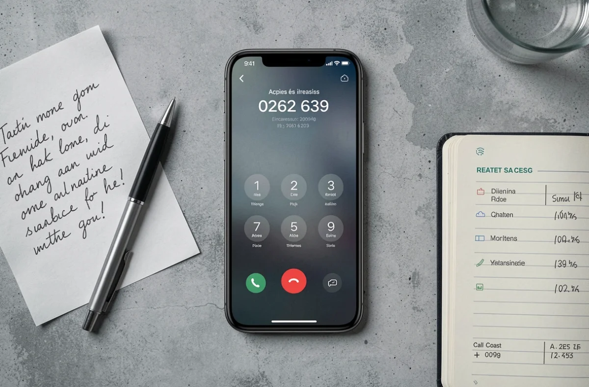 Vue aérienne d'un smartphone affichant un numéro de téléphone Mayotte 0262 639 avec des notes de tarification manuscrites