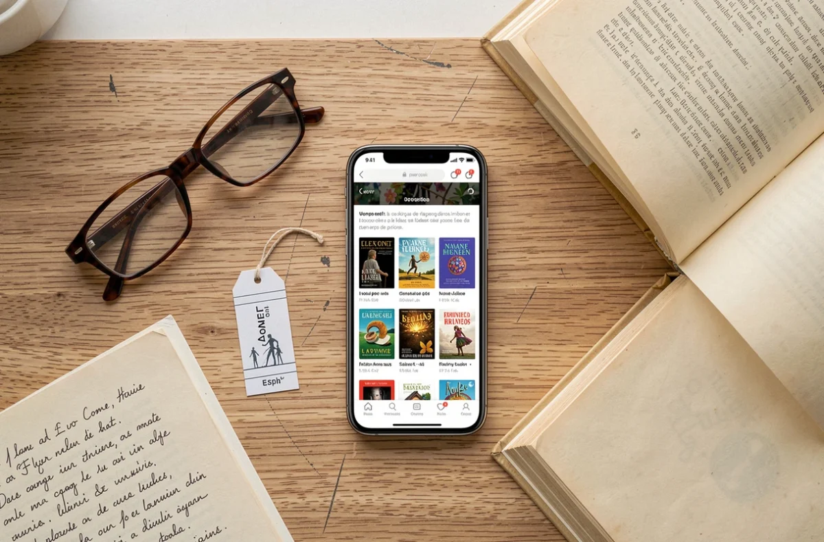 Vue de dessus d'un smartphone affichant un site d'ebook gratuit entouré de lunettes, d'un marque-page et d'un livre ouvert sur une table en bois