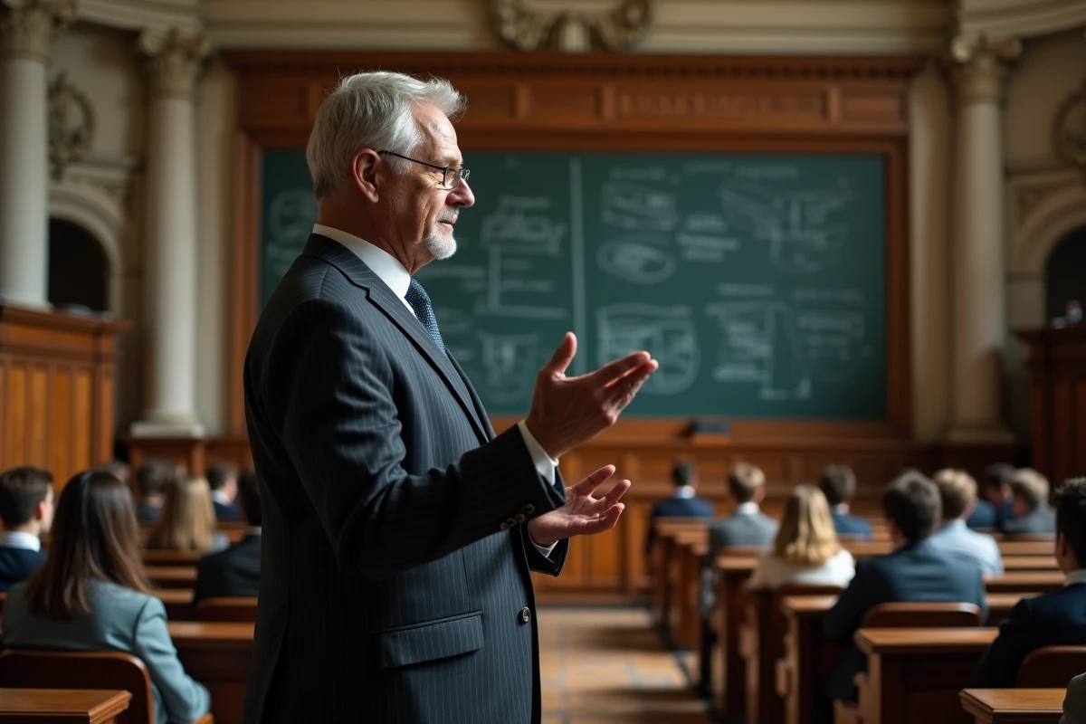 Professeur donnant une conférence dans un amphithéâtre historique du XIXe siècle devant des étudiants attentifs