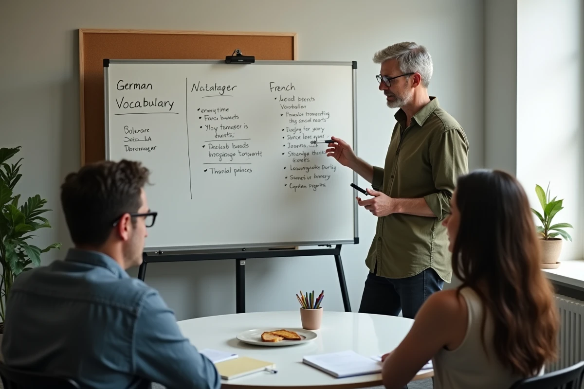 Formateur expliquant des termes de traduction allemand-français sur un tableau blanc lors d'une réunion d'équipe