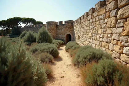 Remparts en pierre du fort de l'Estissac sur l'île de Port-Cros entourés de végétation méditerranéenne
