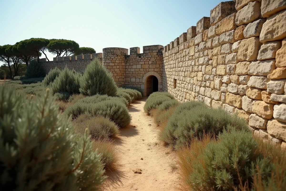 Remparts en pierre du fort de l'Estissac sur l'île de Port-Cros entourés de végétation méditerranéenne