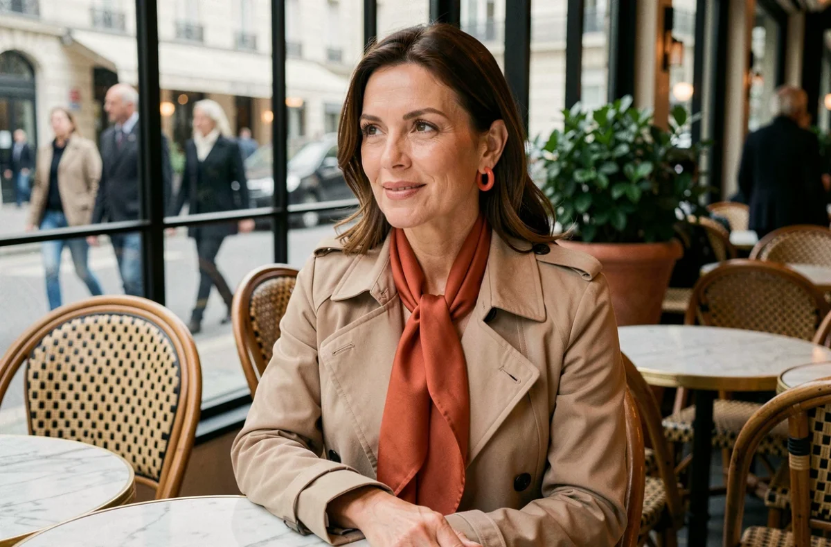 Femme portant un trench beige avec un foulard terracotta et des boucles corail à la terrasse d'un café parisien