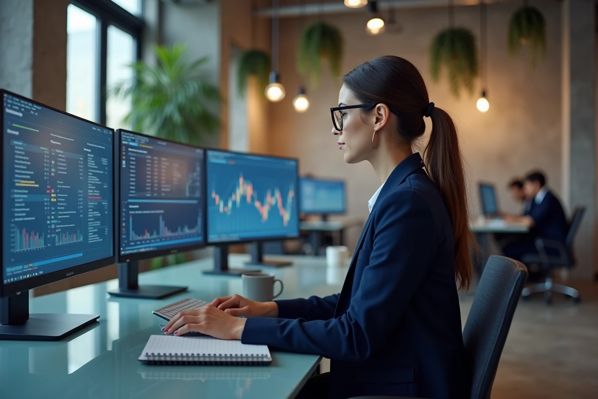 Gestionnaire de portefeuille analysant des graphiques d'allocation d'actifs sur plusieurs écrans dans un espace de travail moderne
