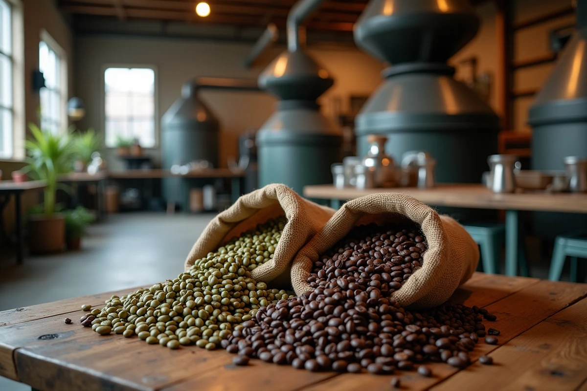 Grains de café verts et torréfiés dans des sacs en toile de jute avec étiquette de prix dans une torréfaction artisanale