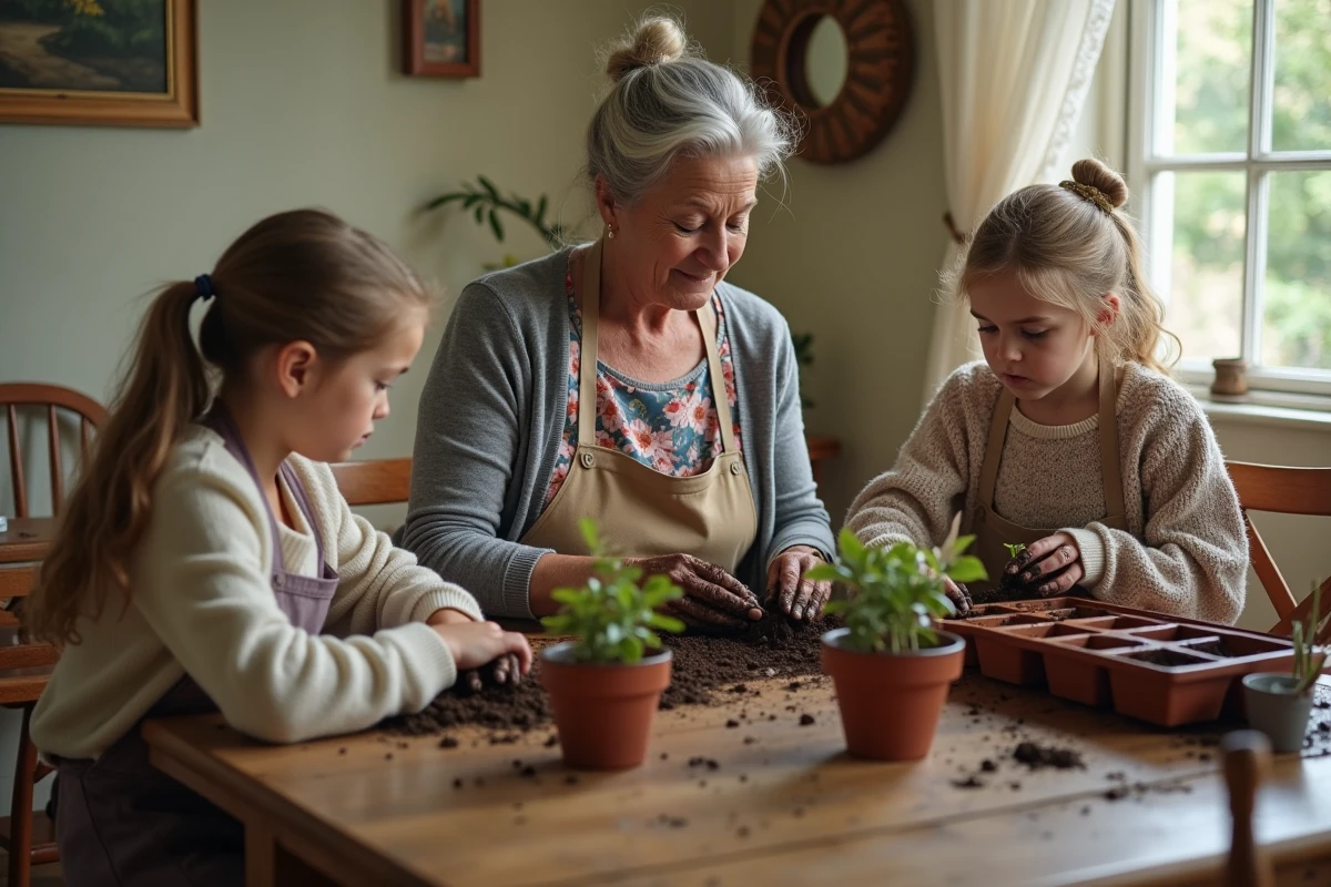 Grand-mère transmettant l'amour de la nature à ses petits-enfants en plantant des semis ensemble, enseignement parental intergénérationnel