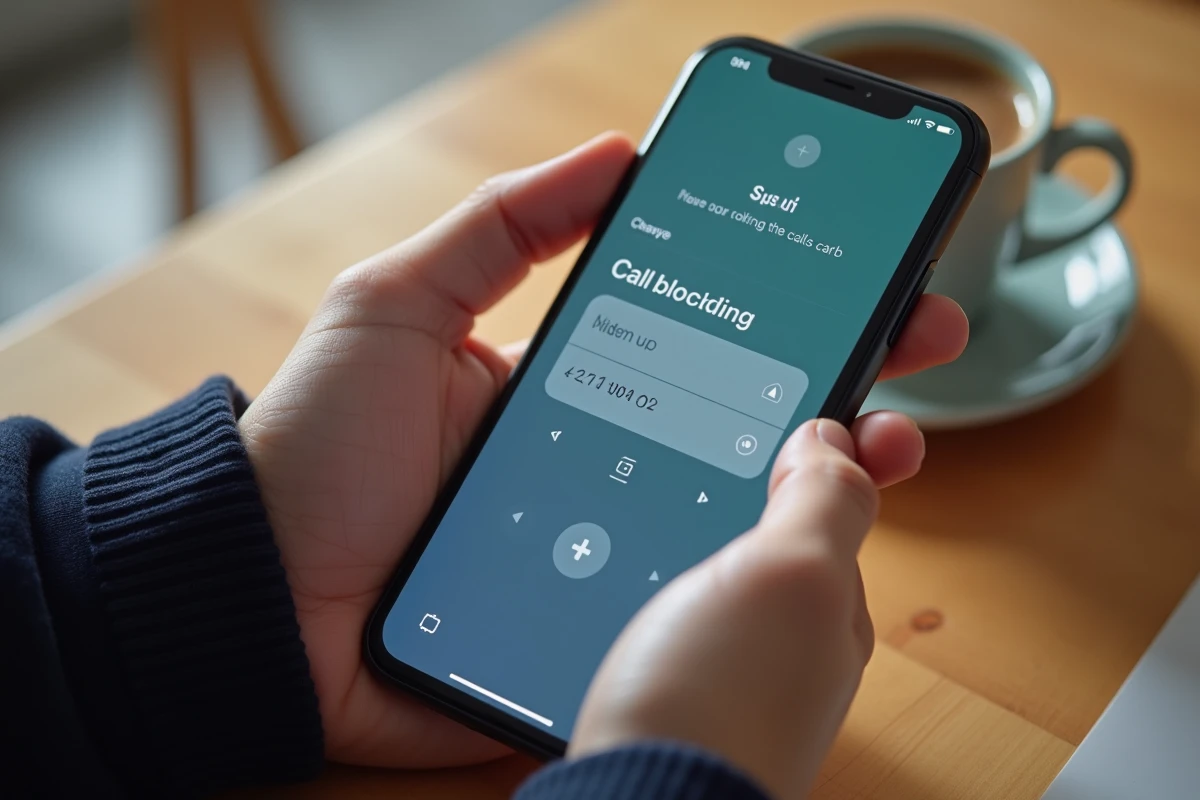 Gros plan sur un écran de smartphone affichant un menu de blocage d'appel avec l'indicatif 212 dans la liste noire