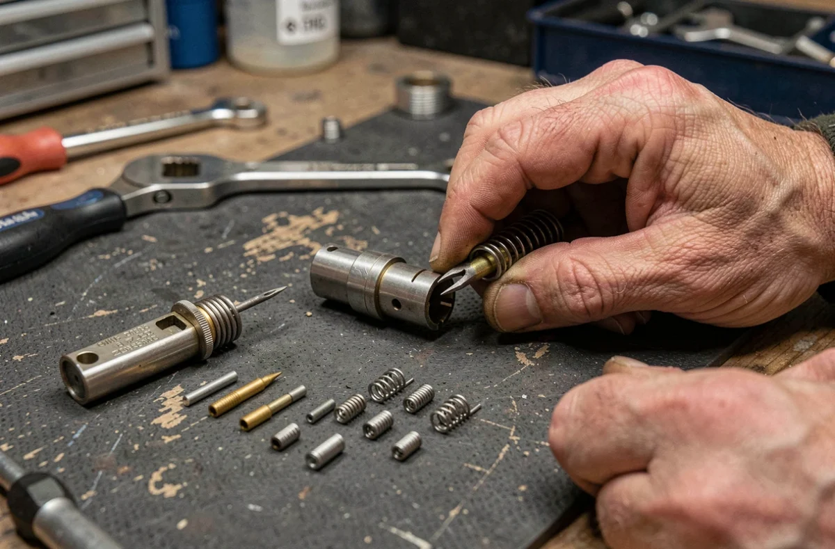 Gros plan sur les mains d'un serrurier remontant un cylindre de serrure avec précision