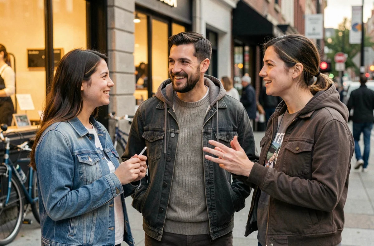 Groupe d'adultes en conversation dans une rue urbaine avec une cigarette électronique