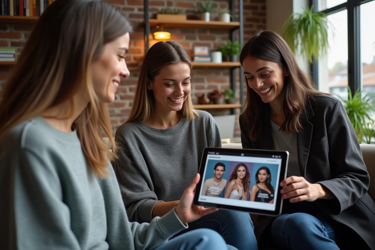 Groupe d'amis français parcourant ensemble un site d'actualité people sur une tablette numérique