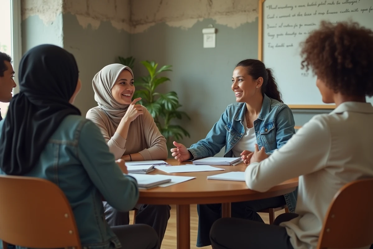 Groupe diversifié d'adultes réunis autour d'une table pour discuter de justice sociale dans un centre communautaire