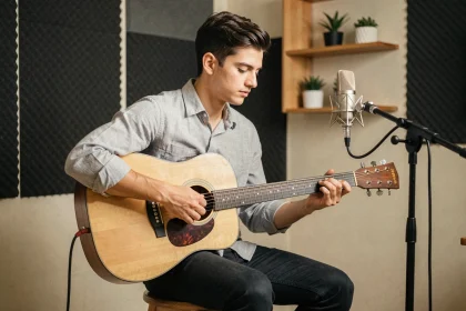 Jeune homme jouant de la guitare acoustique dans un studio maison pour une reprise YouTube de Je Te Promets