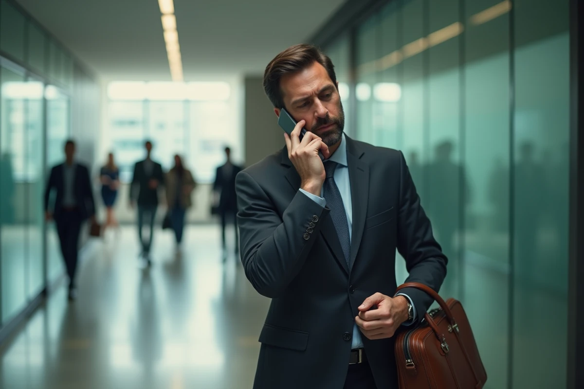 Homme d'affaires en retard dans un couloir d'entreprise consultant sa montre, illustrant les effets d'une mauvaise gestion du temps sur la vie professionnelle