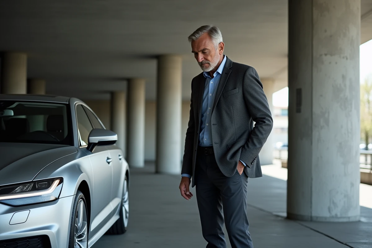 Homme allemand admirant une Audi A6 argentée dans un parking urbain moderne en Allemagne