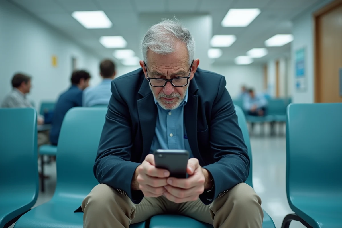 Homme âgé anxieux consultant une application médicale sur smartphone dans une salle d'attente d'hôpital