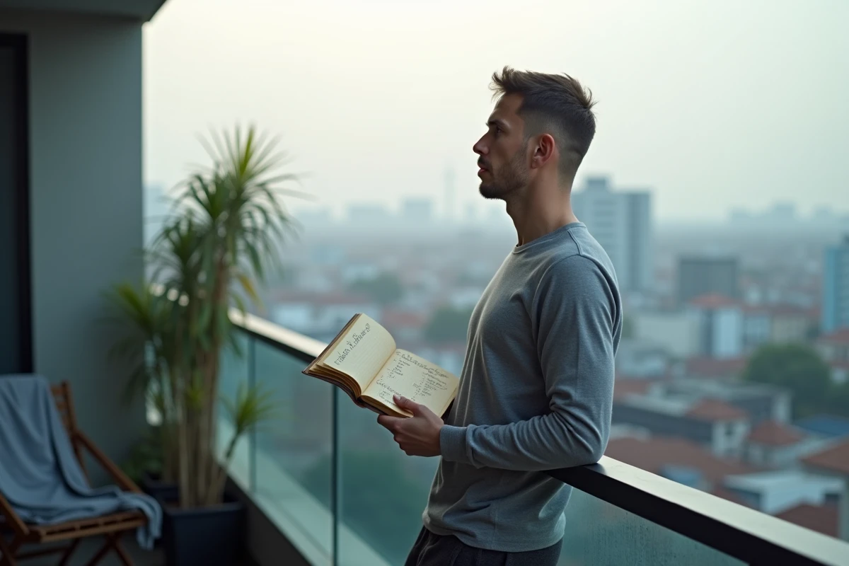Homme sur un balcon notant l'heure 05h55 dans un carnet, réfléchissant à sa signification en amour et en numérologie